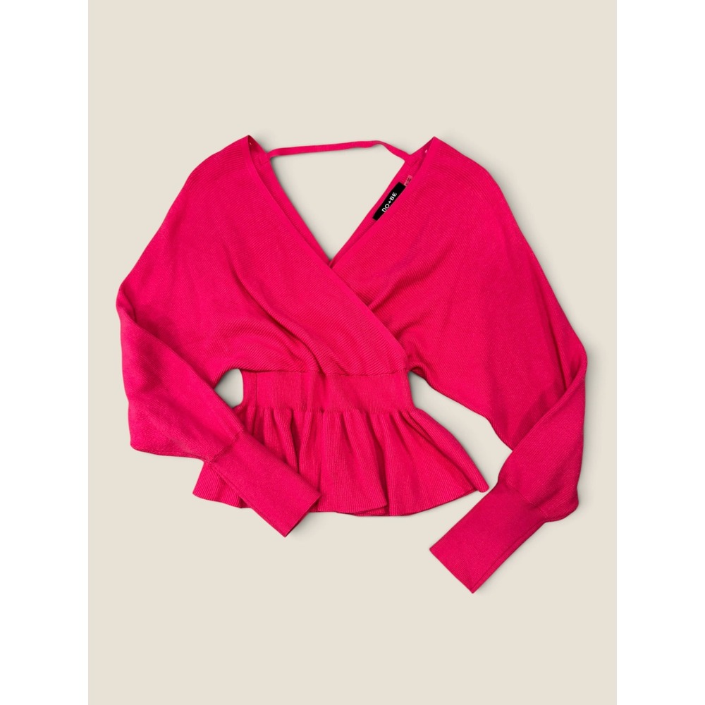 DO+BE Hot Pink Ribbed Peplum Top Open Back Long Sleeve Small